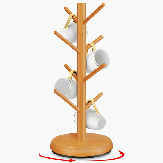 Mug Holder Tree,New Upgraded 360° Rotated 8 Hooks Coffee Cup Holder for Counter,Wood Coffee Mug Rack Standing for Co ffee Bar Accessories and Kitchen Home Organizer(Brown)