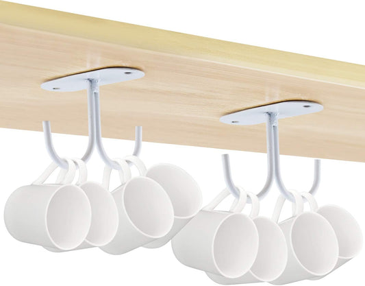 Mocoum Under Cabinet Mug Hooks, Rustic Mug Organizer Rack Coffee Cup Holder Mug Rack Under Shelf Hanging Hooks Rack for Mugs, Coffee Cups and Kitchen Utensils Display (White, 6)