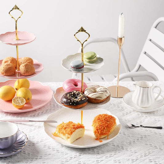 Sweejar 3 Tier Ceramic Cake Stand Wedding, Dessert Cupcake Stand for Tea Party Serving Platter(Rose White)