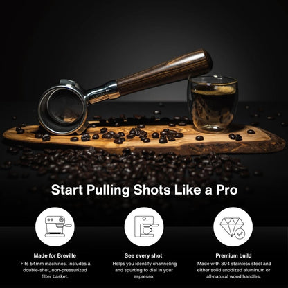 Crema Coffee Products 54mm Bottomless Naked Portafilter | Compatible with 54mm Breville Machines | Includes Double Shot Filter Basket | Olivewood
