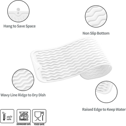 Silicone Dish Drying Mat for Multiple Usage,Easy clean,Eco-friendly,Heat-resistant Silicone Mat for Kitchen Counter,Sink,Bar,Bottle,or Cup White M 17 inches x 6 inches