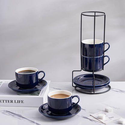 YOLIFE 8oz Porcelain Stackable Cappuccino Cups with Saucers and Metal Stand Set of 4, Coffee cups for Espresso, Specialty Coffee Drinks, Latte, Americano and Tea - Blue