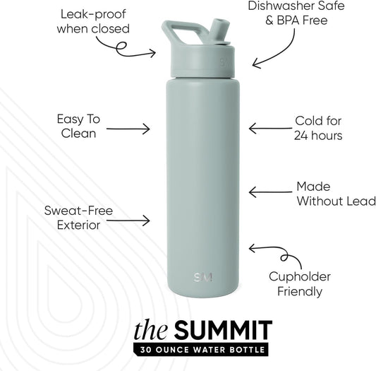 Simple Modern Water Bottle with Straw Lid | Vacuum Insulated Stainless Steel Metal Thermos | Reusable Leak Proof BPA-Free Flask for Sports Gym | Summit Collection | 30oz, Sea Glass Sage