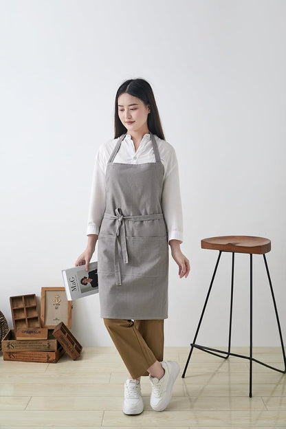 Cotton Linen Apron for Women - Adjustable Casual Apron with Pocktes, Great for Florist, Coffee House and Kitchen