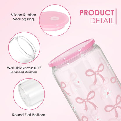 SANDJEST Bow Glass Can, Bows Cup with Lid & Straw, Iced Coffee Aesthetic Cups, Idea Gift for Christmas Birthday Mother Day, Gifts for Women, 16oz