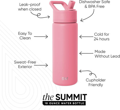 Simple Modern Kids Water Bottle with Straw Lid | Vacuum Insulated Stainless Steel Metal | Reusable Leak Proof BPA-Free Thermos for School | Summit Collection | 18oz, Velvet Pink