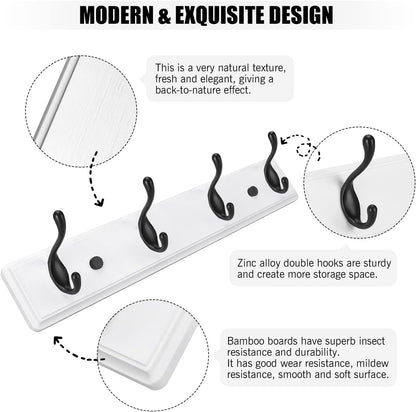 Wooden Coat Rack, Wall-Mounted Organizer for Closet, Entryway, Hallway, Foyer, Bedroom, Heavy Duty Double Hooks for Hanging Towels, Bags, Hats, Jackets, Key (WhiteBlack, 4 Hooks)