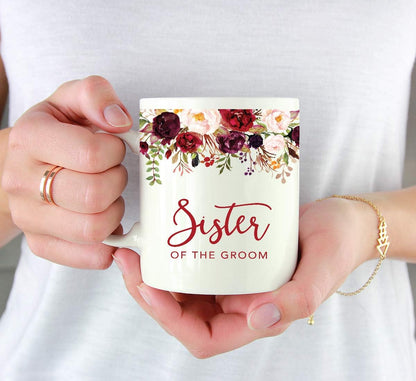 Andaz Press 11oz. Wedding Ceramic Coffee Tea Mug Gift, Fall Autumn Marsala Burgundy Flowers Roses Florals, Sister of the Groom, 1-Pack, Includes Gift Box