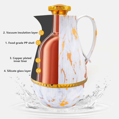 Insulated Thermal Coffee Carafe, 33 oz, Luxury Arabic-Style Insulated Carafe Flask, Coffee Tea Pot, with Spout and Glass Liner for Hot Cold Water, Housewarming Ornaments (White and Gold)