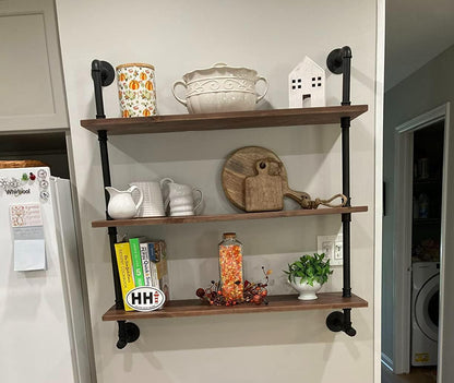 Industrial Pipe Wall Shelves with Real Wood Plank ,36 Inches Floating Shelves for Wall Farmhouse Book Shelves Dark Brown 3 Tier for Kitchen,Living Room Decor and Bar Shelving