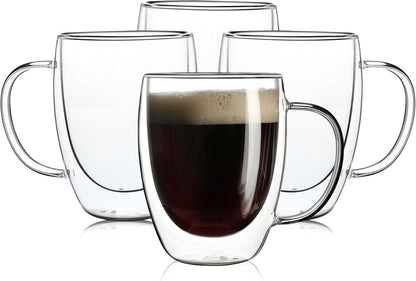 Aurzen 4 Pack Double Walled Glass Coffee Mugs with Handles, Large Insulated Layer Coffee Cups, Clear Borosilicate Mugs, Perfect for Cappuccino, Tea, Microwave Safe (12oz-4Pack)