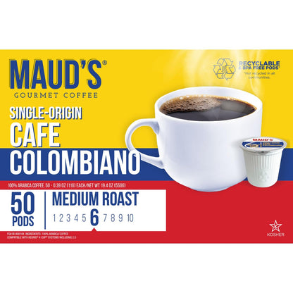 Maud's Columbian Coffee Pods, 50 ct, Single Origin, Medium Roast Coffee in Recyclable Single Serve Pods – 100% Arabica Coffee, Compatible with Keurig K Cups Maker