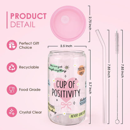 SANDJEST Inspiration Gifts - Glass Tumbler 16oz with Acrylic Lid and Straw - Iced Coffee Cups for Women, Aesthetic Glass Cup Gift for Birthday Christmas