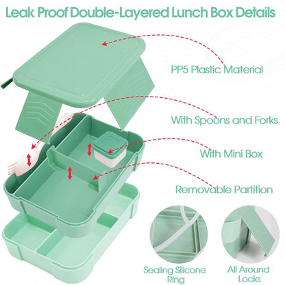 Girl Lunch Bag with 6 Compartment Bento Box with 10oz Thermo- Preppy Green Nylon Insulated Lunch Box Adjustable Strap, Birthday Gift For Girl Kids Teens Travel Picnic School