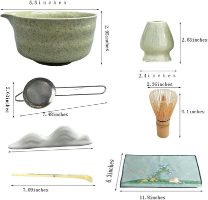 matcha whisk set,matcha set, including matcha bowl, matcha whisk and stand, sieve, spoon, cloth mat, gift for matcha lovers (Green)