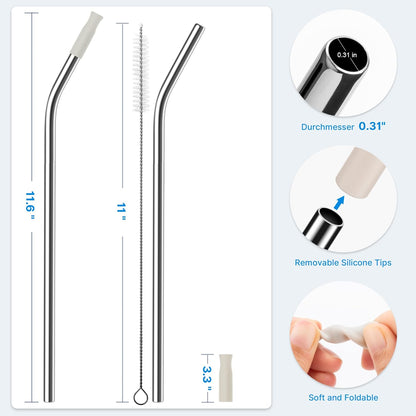 Repeatable Metal Straw with Silicone Tips for 30 oz Stanley Tumbler, 2 Pcs 30 oz Stainless Steel Straws Replacement for Stanley Tumbler, 1 Straw Brush, BPA Free（Cream Grey）