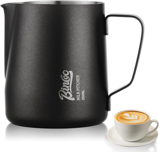 Milk Frothing Pitcher - 350ml/12oz Milk Frother Cup Espresso Steaming Pitcher for Barista, Bincoo SUS304 Stainless Steel Espresso Steaming Pitchers for Latte Art/Cappuccino/Coffee (Black-350ml)