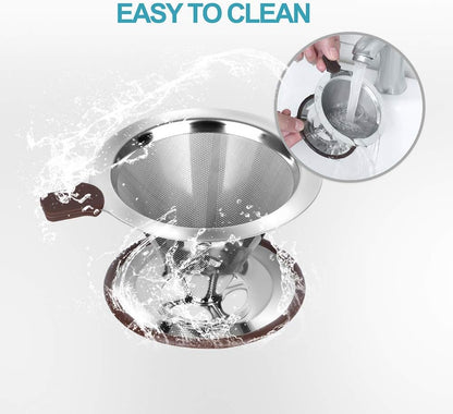 Pour Over Coffee Dripper, Reusable Paperless Coffee Filter,Professional Stainless Steel Drip Cone Brew Coffee Strainer,Upgraded Double Micro Mesh Filter with Cup Stand,1-2 Cup