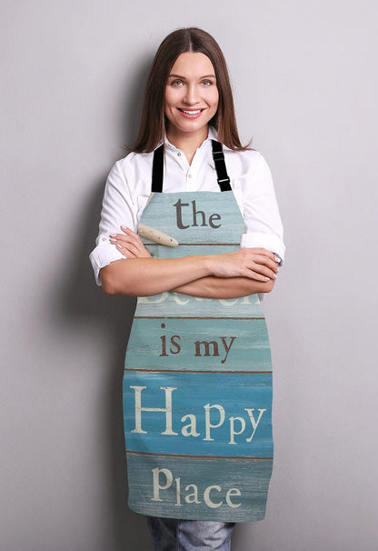 The Beach Is My Happy Place Bib Apron with Adjustable Neck for Men Women,Suitable for Home Kitchen Cooking Waitress Chef Grill Bistro Baking Apron