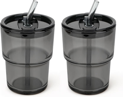 13 oz Glass Tumbler with Glass Straw and Lid, Leak-Proof Reusable Travel Cup for Iced Coffee, Tea, Matcha, Fruit Juice – Thick Wall Clear Water Bottle (Gray, 2 Pack)