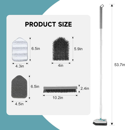 nacena Shower Scrubber with Long Handle, 4 in 1 Tile Tub Scrubber Brush with 3 Detachable Cleaning Heads and V-Shaped Grout Brush Shower Cleaner Brush for Bathroom Kitchen Toilet Tub Sink, Blue White