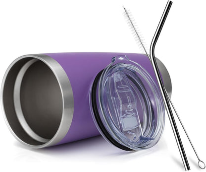 COMOOO 20oz Double Wall Vacuum Insulated Travel Mug, Stainless Steel Tumbler with Lid and Straw Durable Powder Coated Insulated Coffee Cup for Cold & Hot Drinks (Purple. 2 Pack