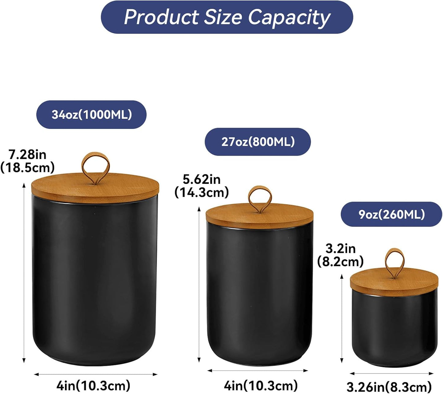 Ceramic Storage Jars, Modern Elegant Highly Polished Airtight Gorgeous Storage Canisters with Wooden Lid Small Food Stroage Jar for Kitchen Spice Tea Vanilla Sugar Coffee Beans (Black medium)