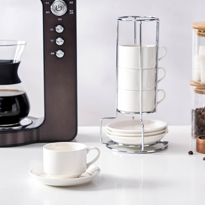 2.5 Ounce Porcelain Espresso Cups with Saucers and Silver Stand, White Stackable Cups Set of 4