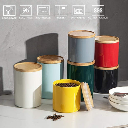 Sweejar Kitchen Canisters Ceramic Food Storage Jar Set, Stackable Containers with Airtight Seal Wooden Lid for Serving Ground Coffee, Tea, Herbs, Grains, Sugar, Salt - Set of 4 (Black)