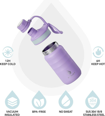 IDEUS Insulated Water Bottle 12oz, Stainless Steel Insulated Water Bottle For School, Insulated Bottles With Straws Leakproof, Vacuum Double Wall Water Bottles For Boys And Girls With 2 Lids, BPA Free