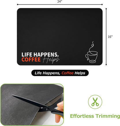 Matace Designer Coffee Bar Mat, Large 16 x 24 Inches, Rubber Backing, Absorbent Coffee Maker Mats for Dish Drying, Kitchen Countertop, Life Happens Coffee Helps, Black