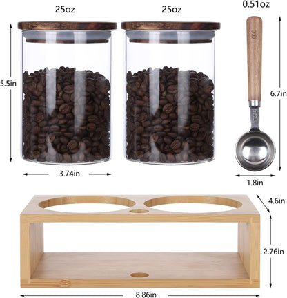KKC HOME ACCENTS Clear Borosilicate Glass Glass Storage Jars with Airtight Wood Lids,Air Tight Sealed Wooden Top Glass Jars with Spoon for Coffee,Tea,Sugar, 25 OZ (750 ml)