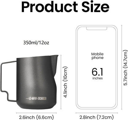 MHW-3BOMBER Milk Frothing Pitcher 12oz/350ml Milk Frother Cup Espresso Steaming Pitcher Stainless Steel Milk Frother Cup Barista Latte Art Round Spout Latte Art Pitcher P7121S