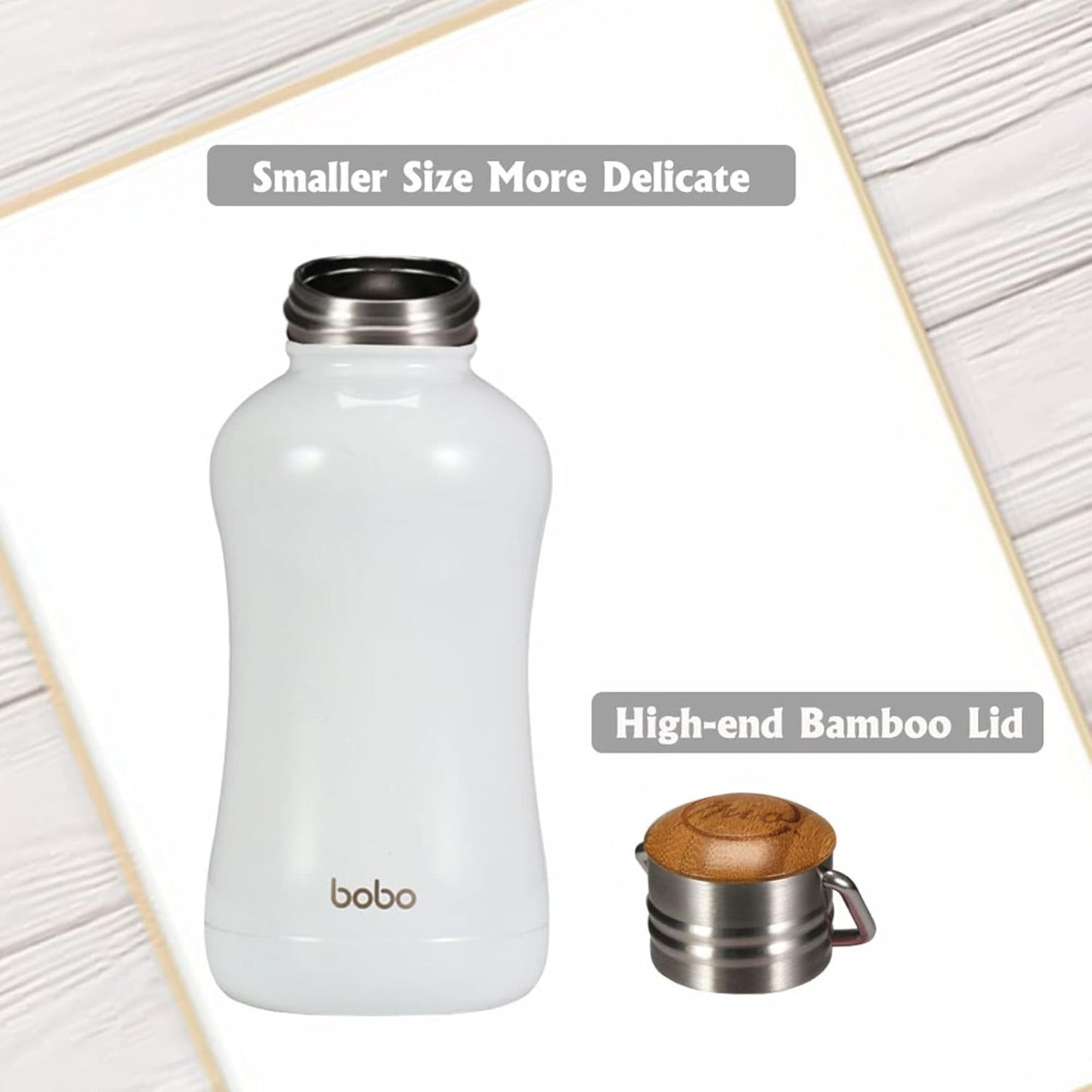 YOHKOH Mini Insulated Water Bottle With Bamboo Lid - 8.8oz Small Vacuum Insulated Water Bottle for Women Kids, 12 Hrs Hot & 24 Hrs Cold Stainless Steel Thermos Leak-Proof BPA-Free (8.8oz,White)