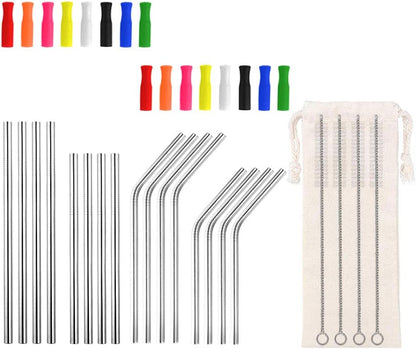 Lazycorner 16 Pcs Short Metal Straw, 6mm 5.5" 6.5" Kids Reusable Straw Silicone Tips Cleaner, Mini Small Stainless Steel Straws Fit 8 10 12 oz Tumbler/Wine Tumblers, Reusable Cocktail Straws(Silver)