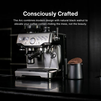 CREMA Coffee Products Arc Knock Box | Holds 12–16 Espresso Pucks| Durable,Stain-ResistantBuild withNon-Slip Base|Elegant WalnutPlastic Lid Design| EasyClean-Up &Moisture Control|Black Finish