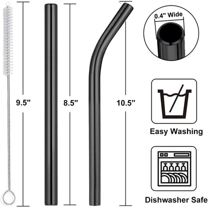 Vinaco Reusable Wide Mouth Straws - 8.5" & 10.5" Stainless Steel, Set of 4 with CleanerBrush, Black Metal Straws forThicker Drinks