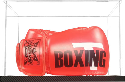 Clear Boxing Glove Display Case Acrylic Display case for Full Size Boxing Glove Boxing Glove Storage Box Dustproof UV Protection Cabinet with Carbon Fiber Skin Base and Removable Mirror Base