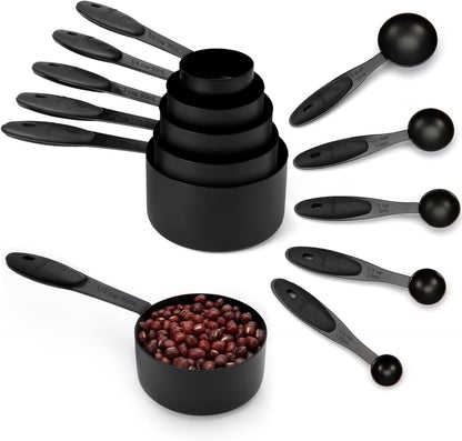Joyhill Measuring Cups and Spoons Set of 10 Piece, Stainless Steel Measuring Cups with Soft Touch Silicone Handles, Nesting Metal Measuring Cup for Dry & Liquid Ingredients, Cooking & Baking (Black)