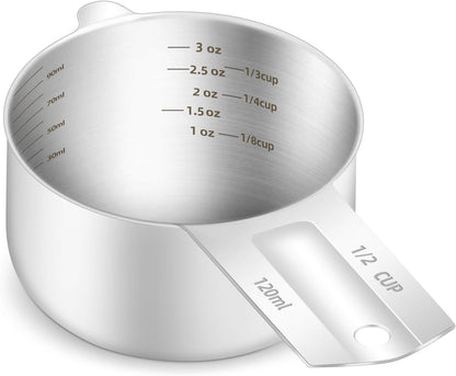 1PCS 1/2Cup (120ml, 4oz) Single Measuring Cup, Etched Inner Scale Stainless Steel Measure Scoop, Metric and US Measurement, Dishwasher Safe