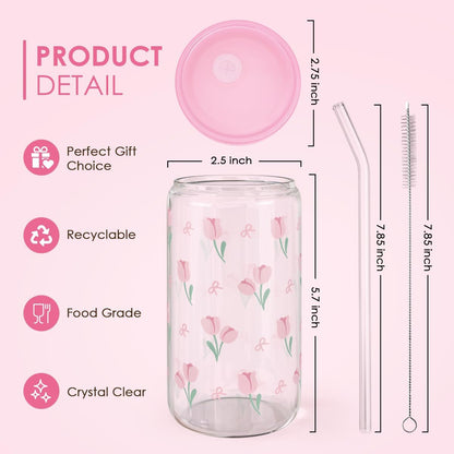 SANDJEST Floral Glass Can, Tulip Iced Coffee Aesthetic Cup, Gift for Christmas Birthday, Gifts for Women Girls, 16oz