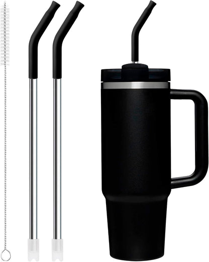 Snowfall Metal Replacement Straw with Silicone Tip for Stanley 30 OZ, 2 Pcs Reusable Long Stainless Steel Drinking Straws, 1 Straw Brush, BPA Free (Black)