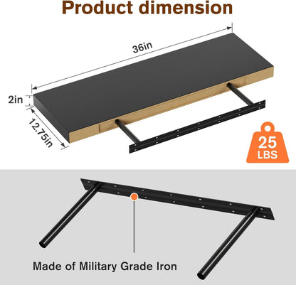 Floating Shelf, Set of 3 Wall Shelf, 36 in W x 12.75 in D x 2 in H Wooden Floating Wall Shelf with Invisible Brackets for Living Room/Bedroom/Bathroom/Kitchen Storage and Decor, Black
