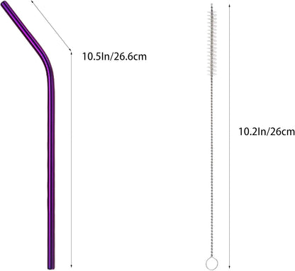 10 Pcs Stainless Steel Straws, Reusable Drinking Straws, Bent Metal Straw Sets with 2 Pcs Cleaning Brushes (Purple, 10.5 Inch)