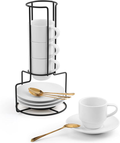 Lareina 3-Ounce Espresso Cups with Saucers, Spoons and Metal Stand, Small Stackable Coffee Cups Set of 4, Ceramic Demitasse Mugs, White