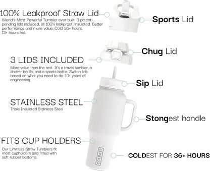 Coldest 40 oz Tumbler with Handle and Straw - 100% Leak Proof Insulated Tumbler with Lid and Straw (3 Lids) - Stainless Steel Tumblers for Women & Men - Cup Holder Friendly Base, 46 oz (Epic White)