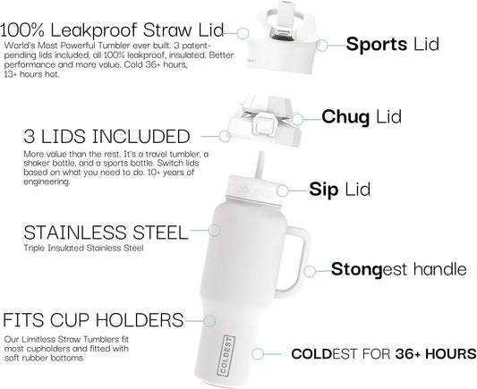 Coldest 40 oz Tumbler with Handle and Straw - 100% Leak Proof Insulated Tumbler with Lid and Straw (3 Lids) - Stainless Steel Tumblers for Women & Men - Cup Holder Friendly Base, 46 oz (Epic White)