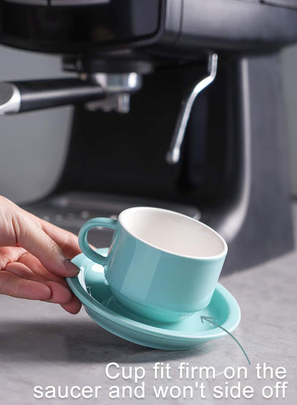 Sweese 4 Ounce Porcelain Stackable Espresso Cups with Saucers and Metal Stand Set of 4, Turquoise