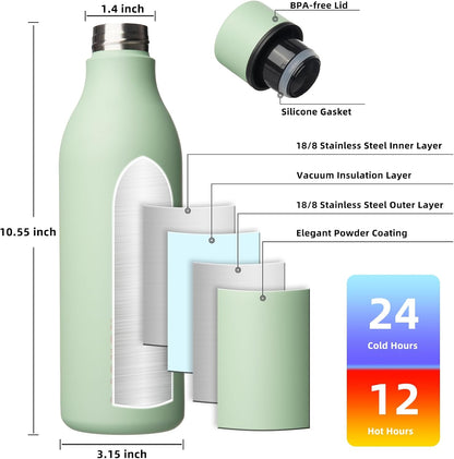 BJPKPK Insulated Water Bottles, 25 oz Stainless Steel Metal Water Bottle with Strap, BPA Free Leak Proof Thermos, Mugs, Flasks, Reusable Water Bottle for Sports & Travel, Macaron Green