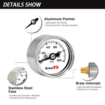 1 Inch mini Pressure Gauge, 0-100 Psi Air Gauge, Stainless Steel Case, 1/8" NPT Back Mount, Psi Coffee Machine Pressure Gauge for Water Pumps, Air Compressors